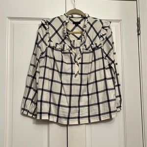 Jcrew ruffle collar flannel popover in navy and ivory oversized check.